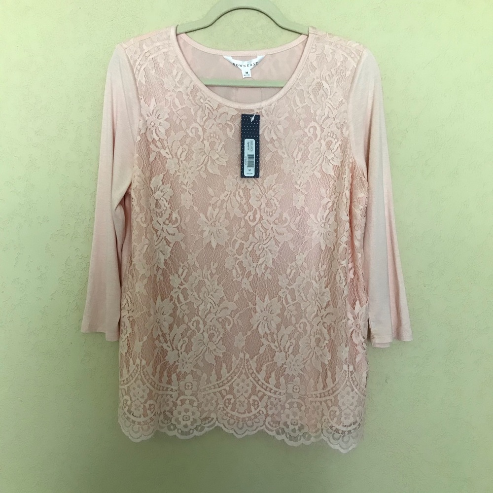 NWT Down East Lace Front Pullover Top Dogwood Pink